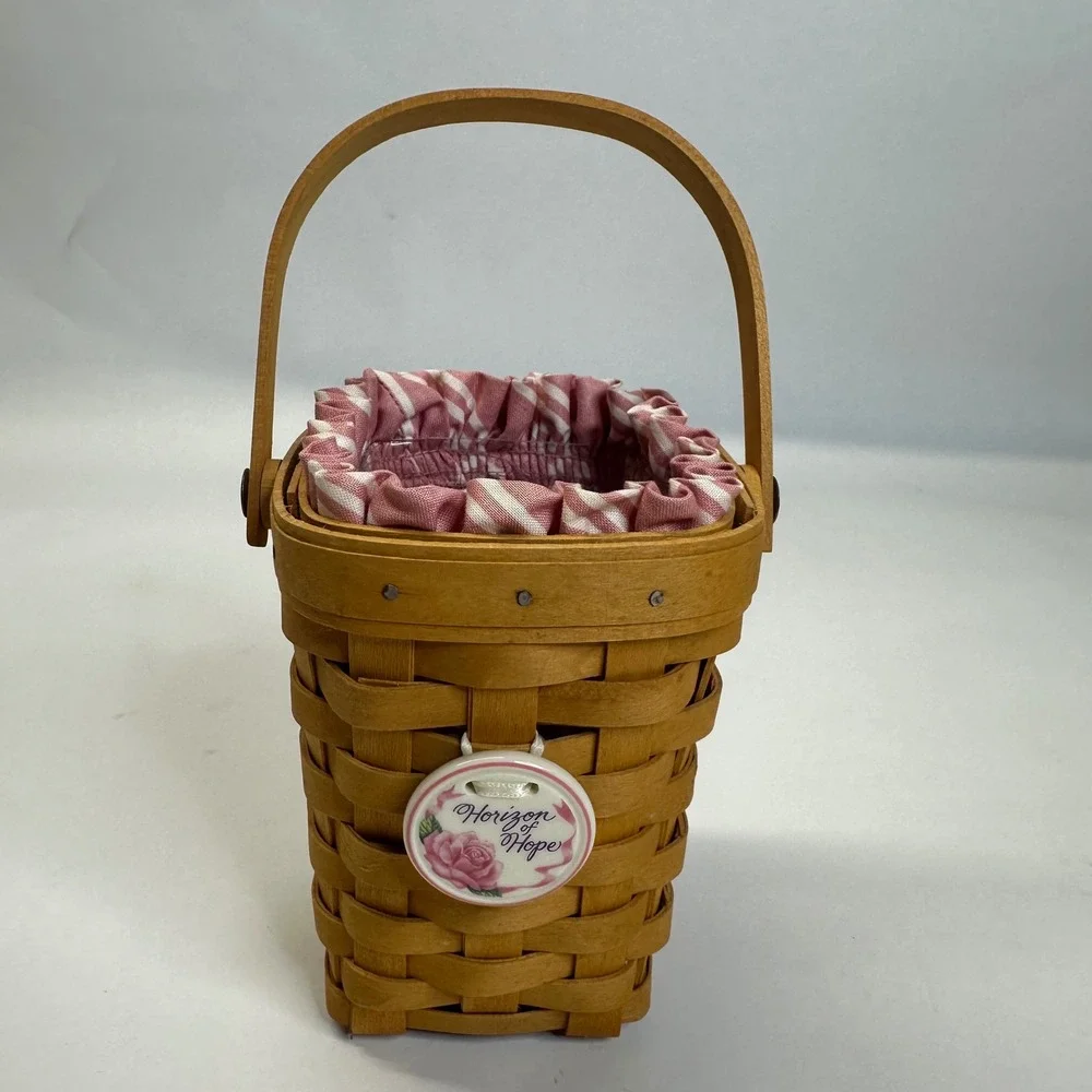Longaberger Horizon of Hope Basket Pink Striped Liner Ceramic Rose Tie-On